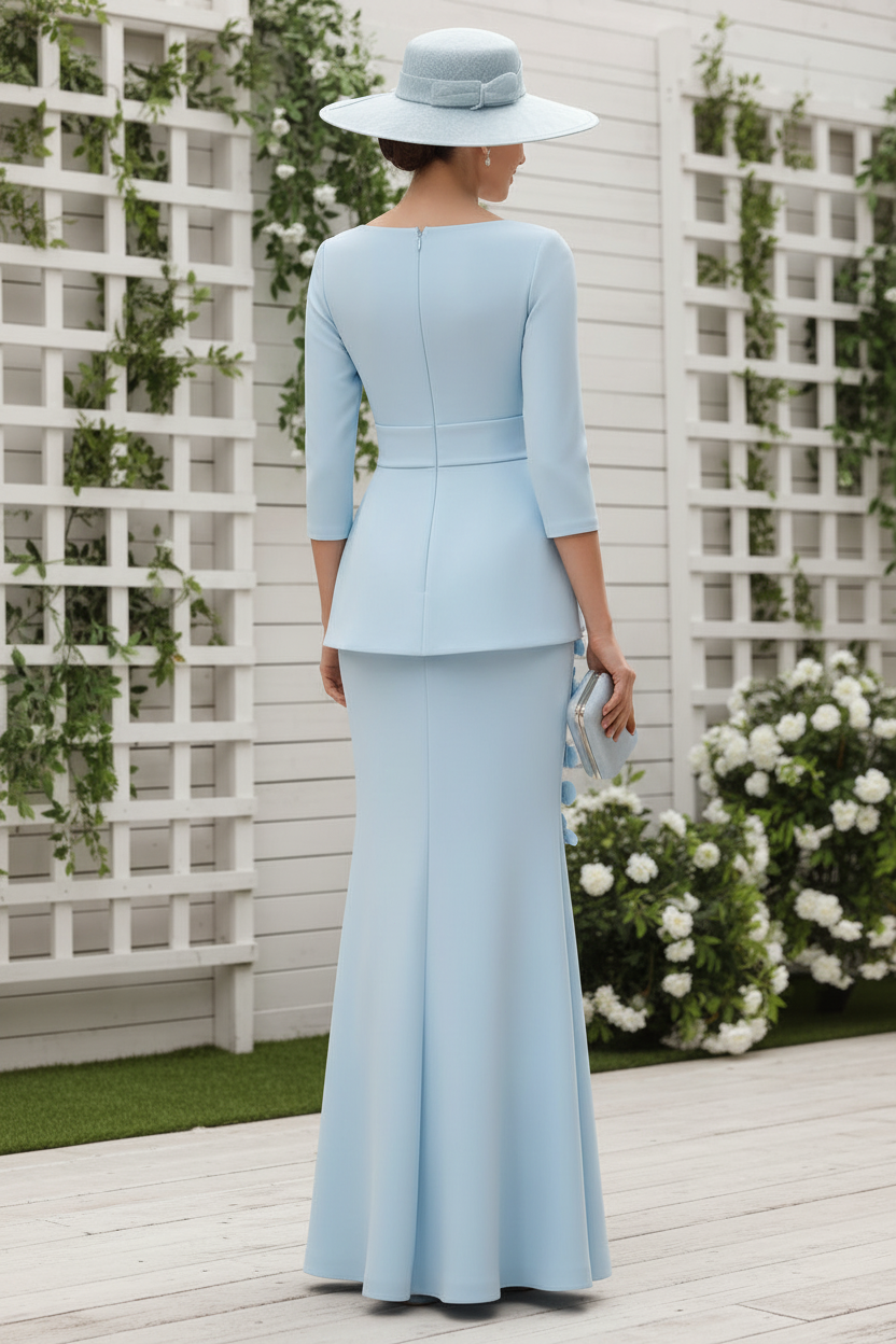 Sky Blue Mermaid Mother of the Bride Dress with 3D Floral Peplum & 3/4 Sleeves