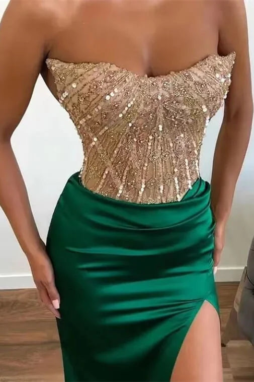 Strapless Green Beadings Mermaid Prom Dress Split with Applique