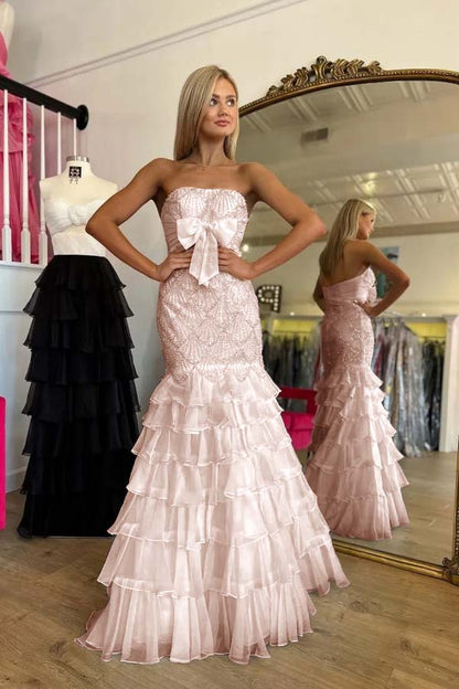 Stunning Strapless Prom Dress Mermaid Ruffles Beading with Bow