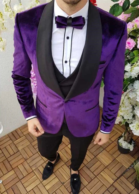 Classic Purple Black Shawl Lapel Blazer Wedding Velvet Smoking Tuxedos For Men