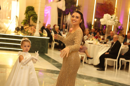 Gold Beaded Long Sleeves Scoop Evening Dress