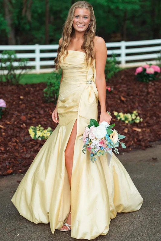 Off-Shoulder Sleeveless Satin Pleated Mermaid Prom Dress