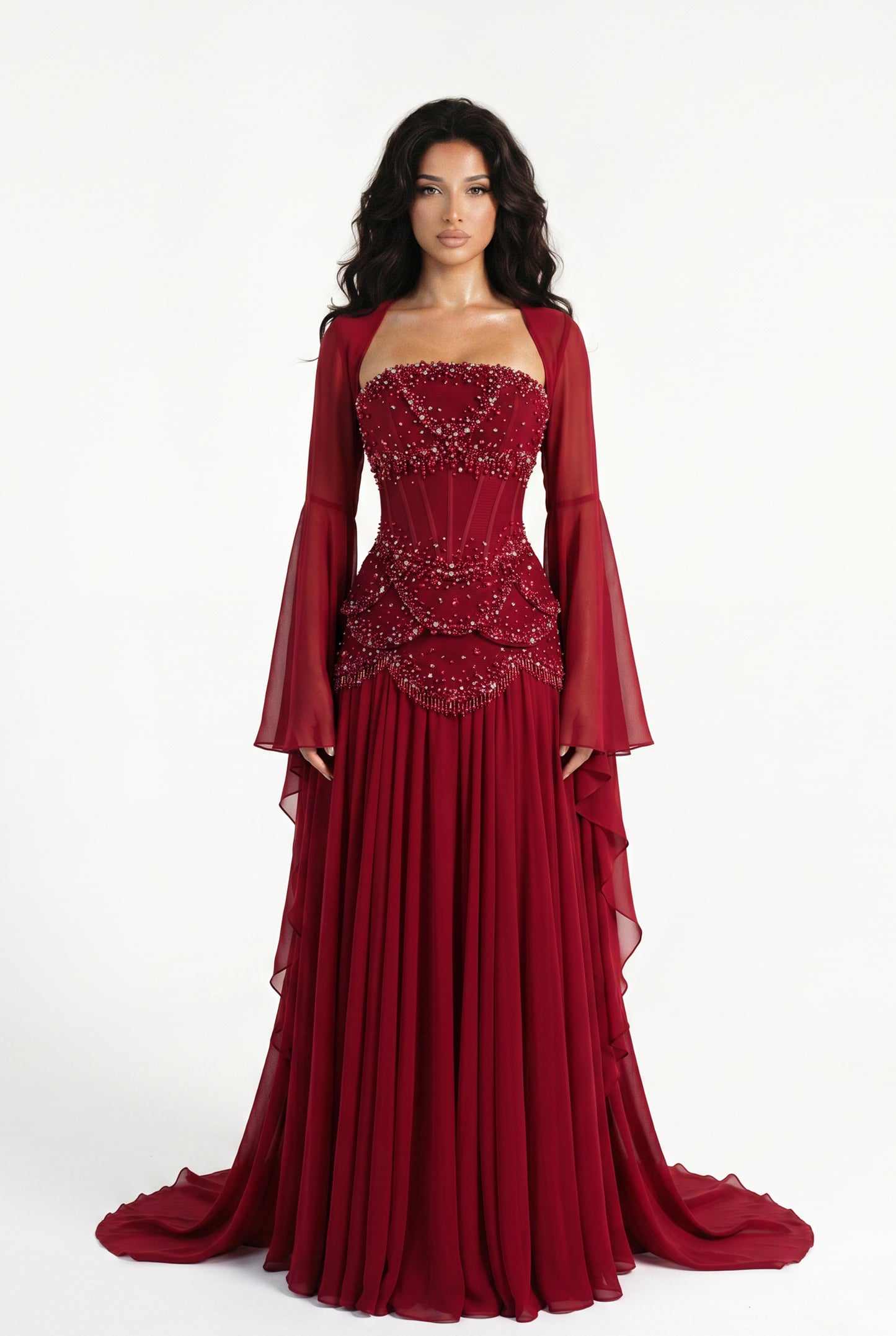 Embellished Corset Evening Gown with Bell Sleeve Jacket