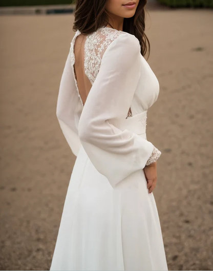 Long-Sleeve Button Back Bong Train Gown Wedding Dresses
