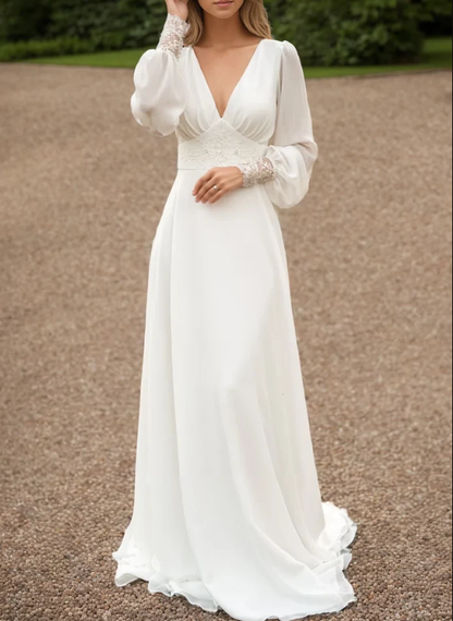 Long-Sleeve Button Back Bong Train Gown Wedding Dresses