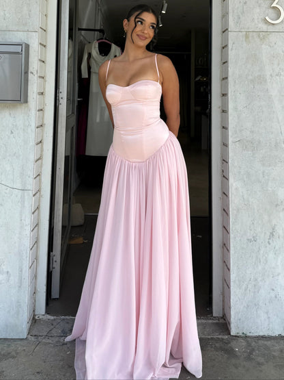 Cute A Line Spaghetti Straps Light Pink Long Prom Dress with Ruffles
