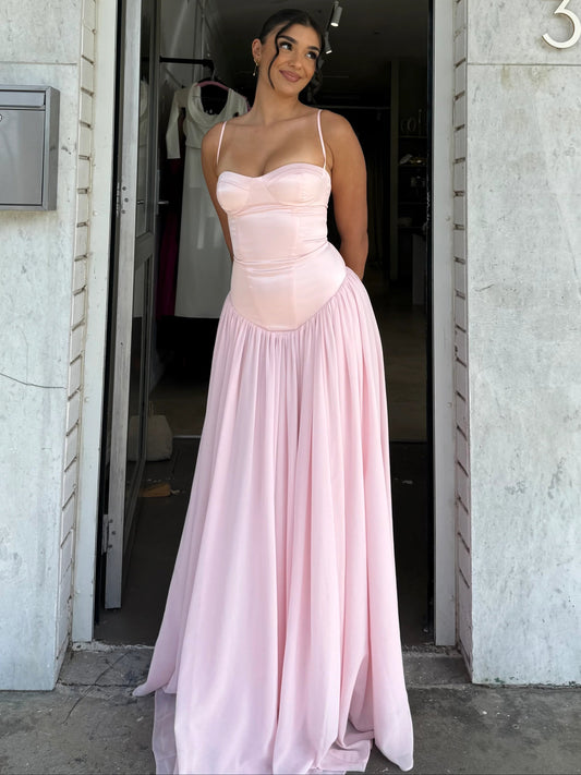 Cute A Line Spaghetti Straps Light Pink Long Prom Dress with Ruffles