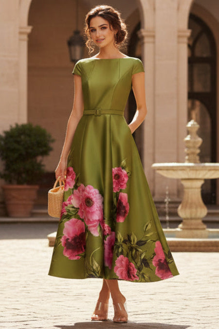 Bateau-Neck Print-Satin Tea-Length A-Line Mother of the Bride Dress
