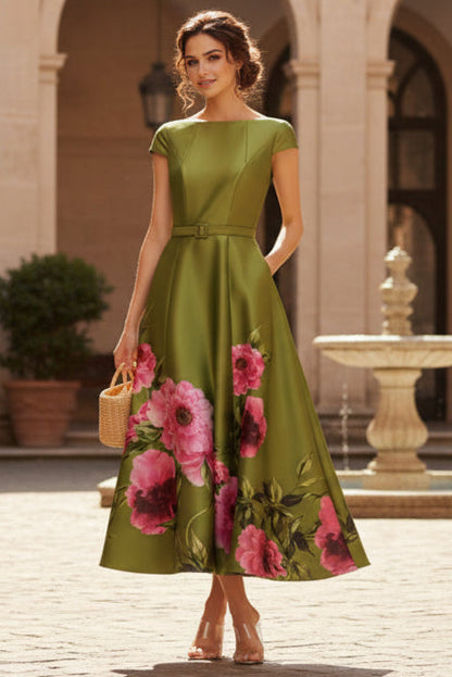 Bateau-Neck Print-Satin Tea-Length A-Line Mother of the Bride Dress