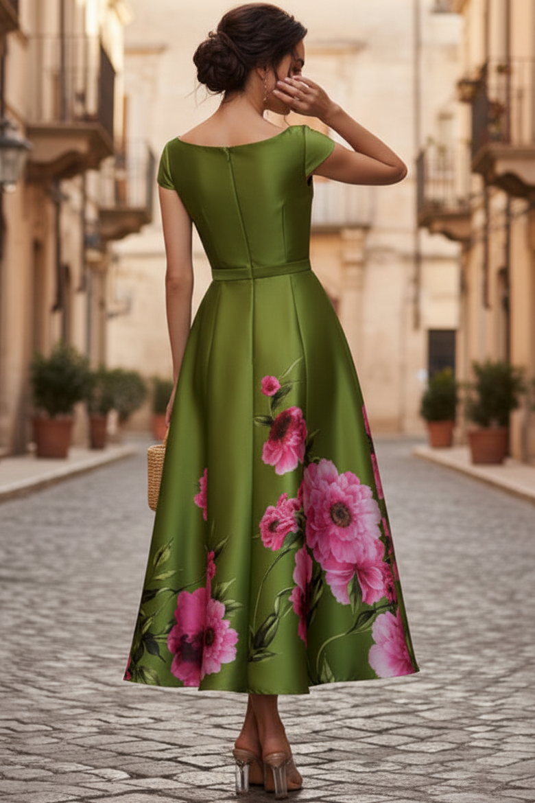 Bateau-Neck Print-Satin Tea-Length A-Line Mother of the Bride Dress