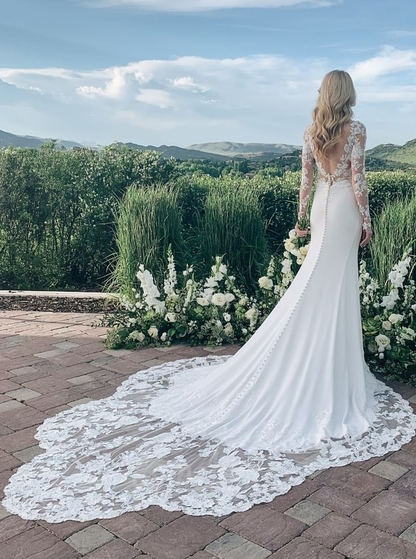 Chapel-length Petal Train Low Back Stretch Crepe Wedding Dress