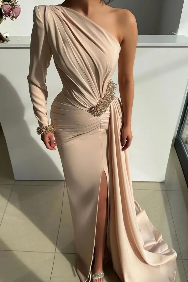 One-Shoulder One-Sleeve Beadings Split Pleated Prom Dress