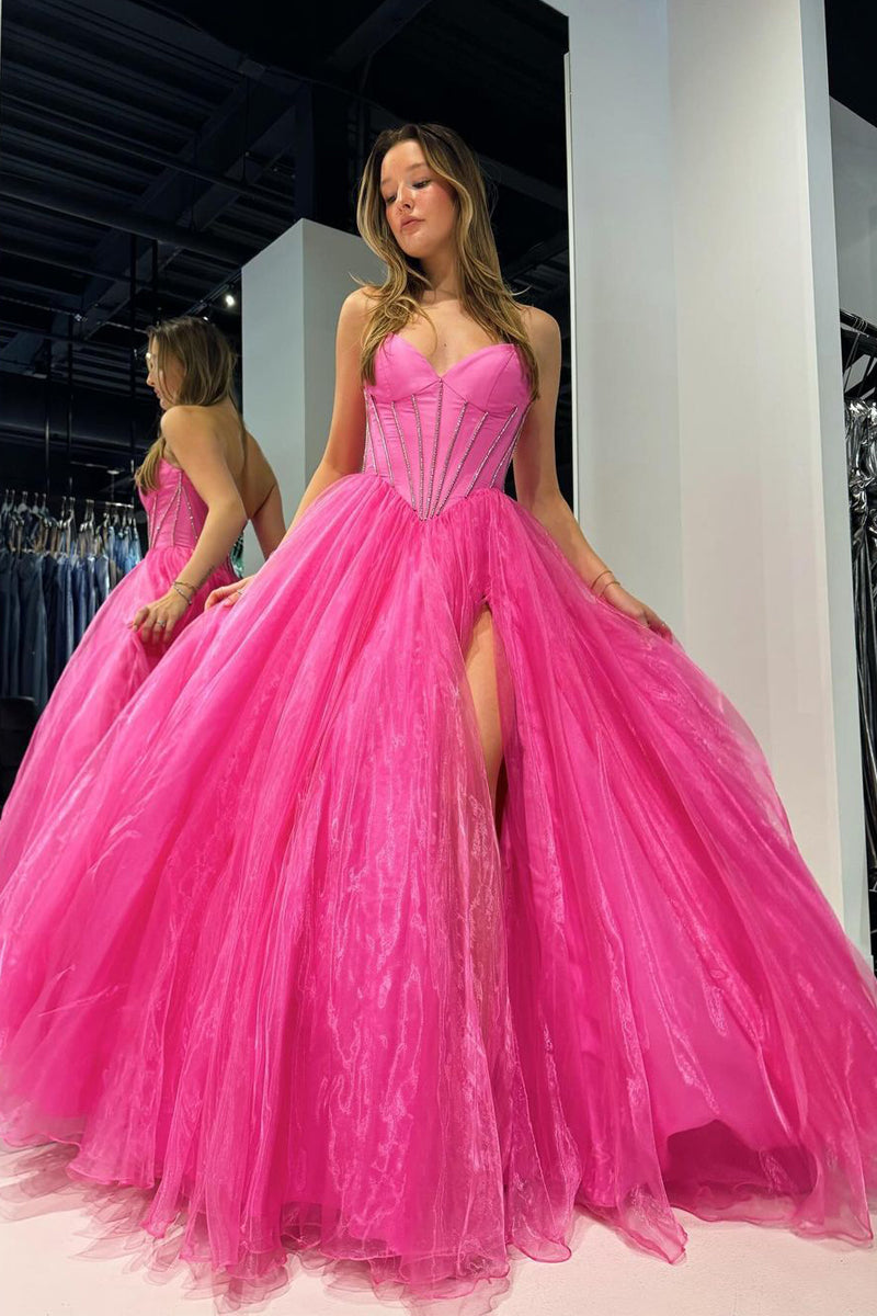 A-Line Sweetheart Pink Organza Long Prom Dress with Beading