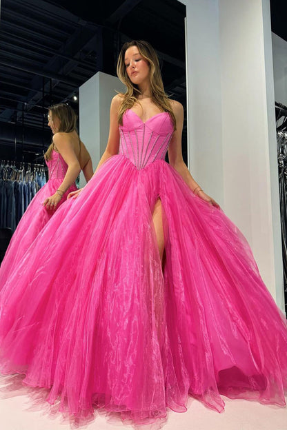 A-Line Sweetheart Pink Organza Long Prom Dress with Beading