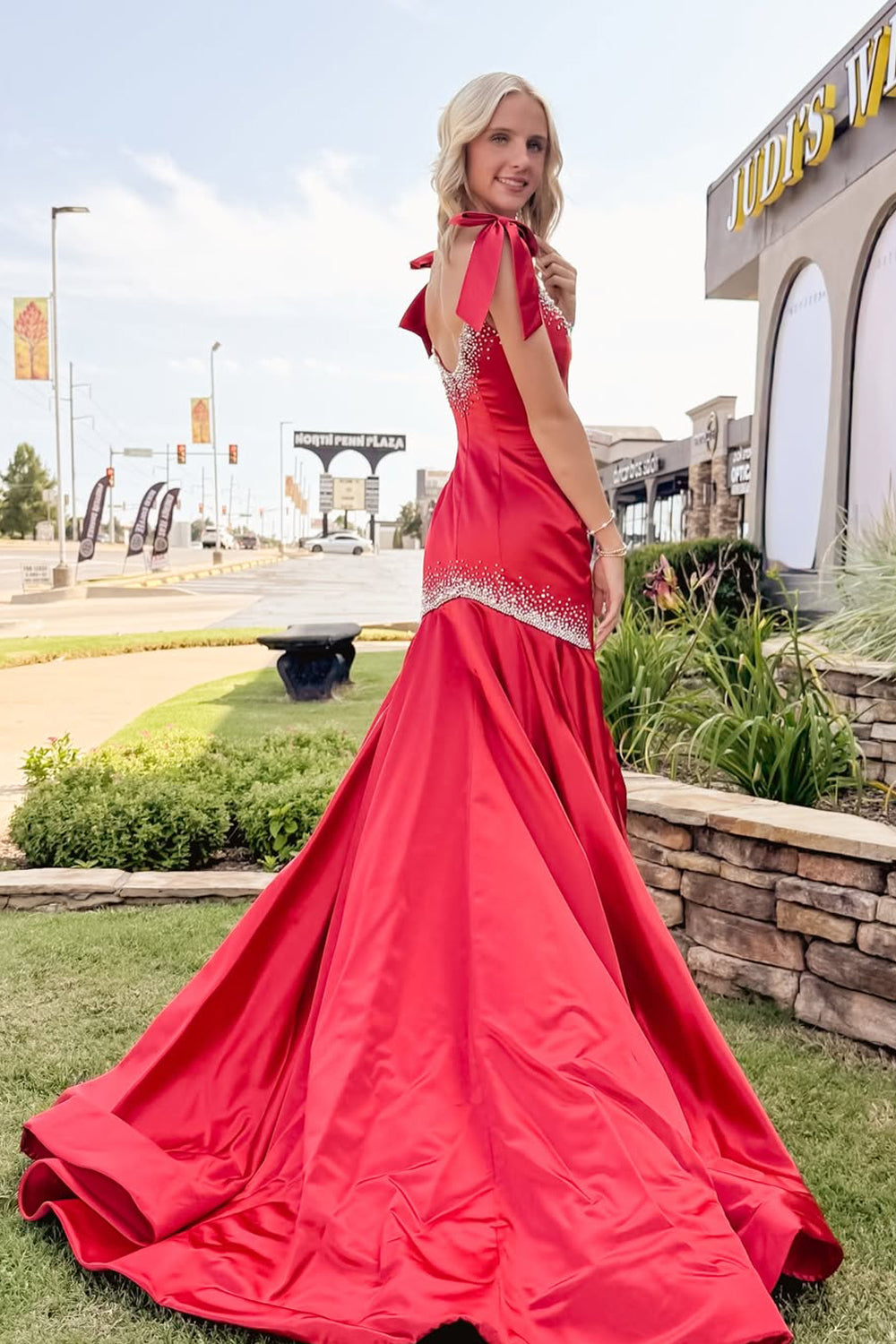 Gorgeous Mermaid Square Neck Red Satin Prom Dress with Beading