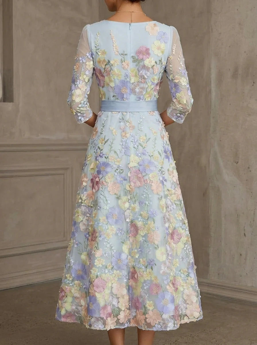 Scoop-Neck 3/4-Sleeves  Ankle-Length A-Line Mother of the Bride Dress