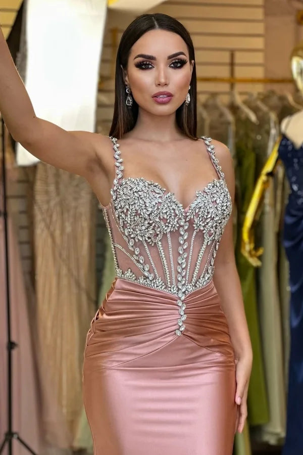 Rose Gold Beaded Gorgeous Mermaid Pleated Prom Dress