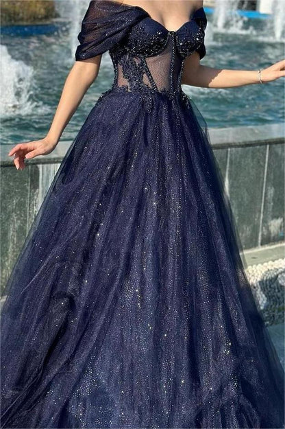 Navy Prom Dress Off the Shoulder Sweetheart Mermaid Long Evening Formal Dress