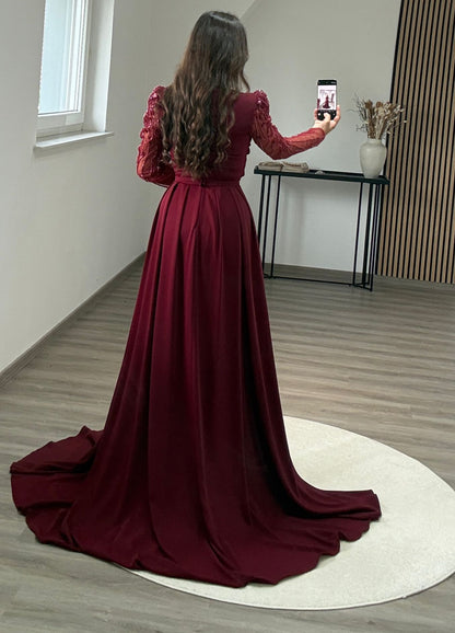 Long Sleeves Sweetheart Ruched Evening Dress
