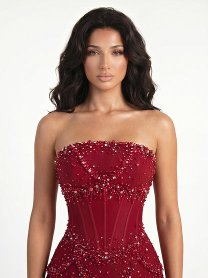 Embellished Corset Evening Gown with Bell Sleeve Jacket