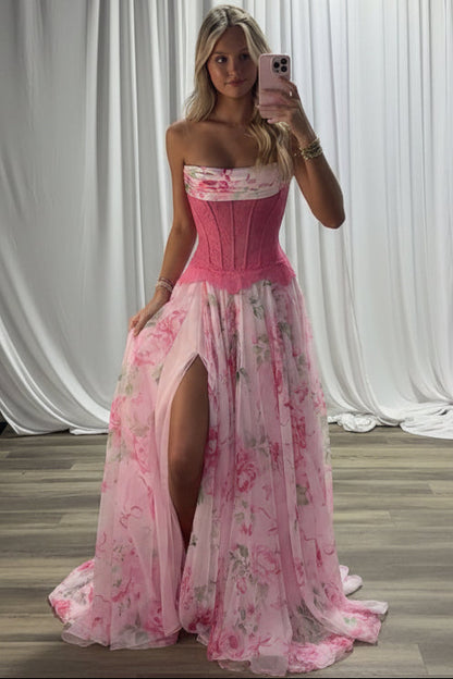 Bateau-Neck Off-Shoulder Sleeveless Print-Tulle Pleated Sweep Train A-Line Prom Dress