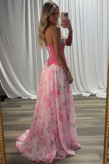 Bateau-Neck Off-Shoulder Sleeveless Print-Tulle Pleated Sweep Train A-Line Prom Dress