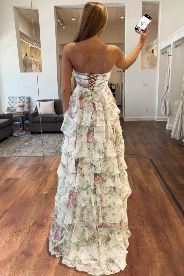 A-Line Strapless Floral Printed Empire-Waist Tiered Long Prom Dress