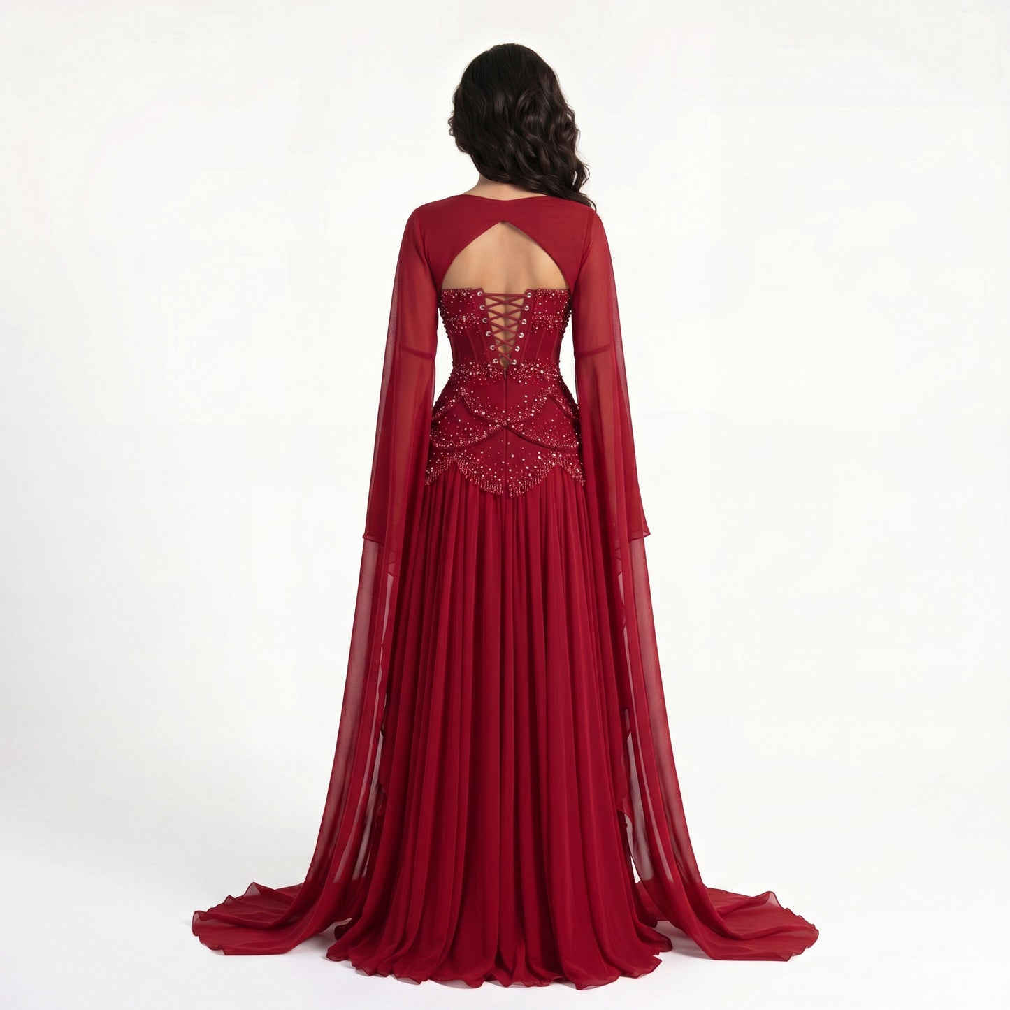 Embellished Corset Evening Gown with Bell Sleeve Jacket