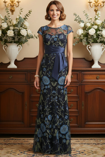 Navy Blue Floral Embroidered Mermaid Evening Gown | Mother of the Bride Dress