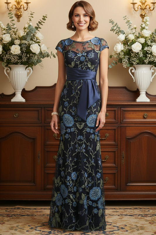 Navy Blue Floral Embroidered Mermaid Evening Gown | Mother of the Bride Dress