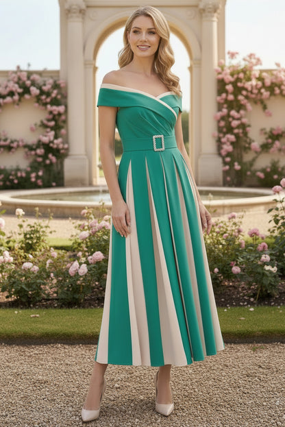 Two-Tone Off-the-Shoulder Tea-Length Mother of the Bride Dress with Crystal Belt