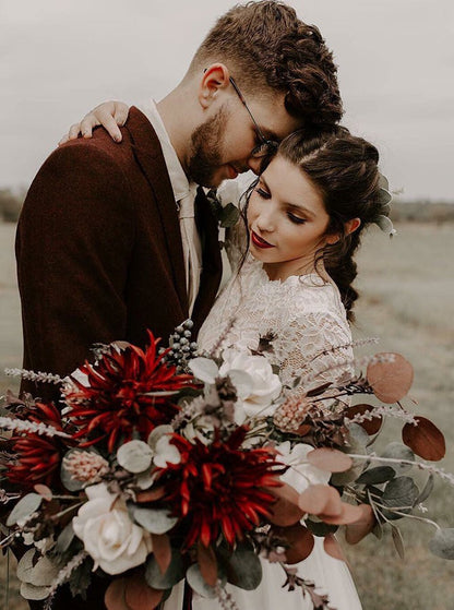 Long Sleeves Backless Lace Top A-Line Round Neck Wedding Dress