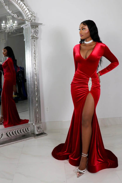 Simple Red V-Neck Prom Dress Long Sleeves Mermaid Velvet with High Slit