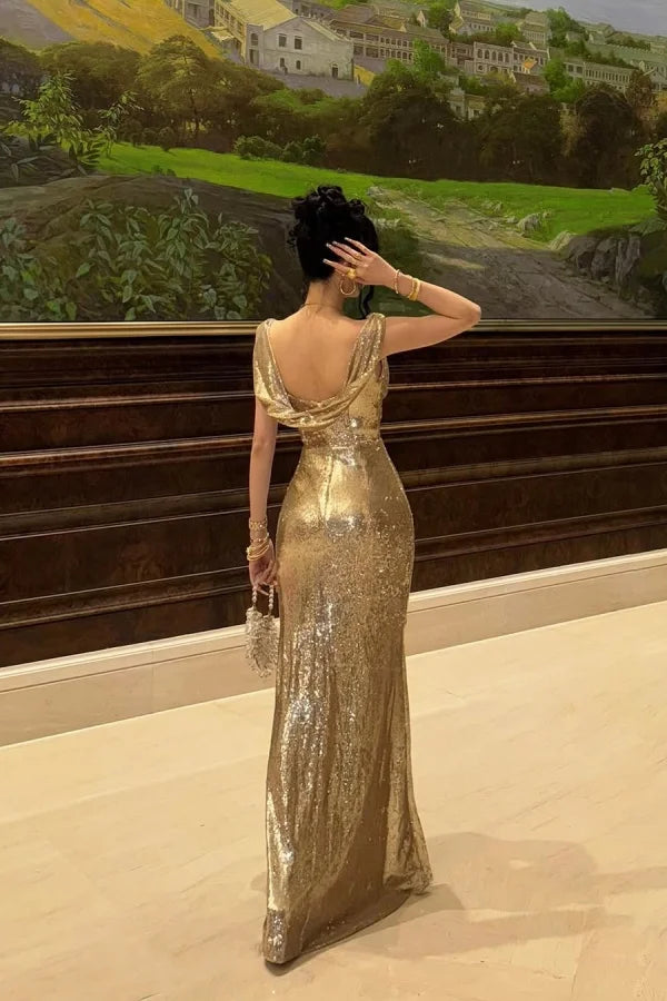 Champagne Solid Sequins Split Prom Dress