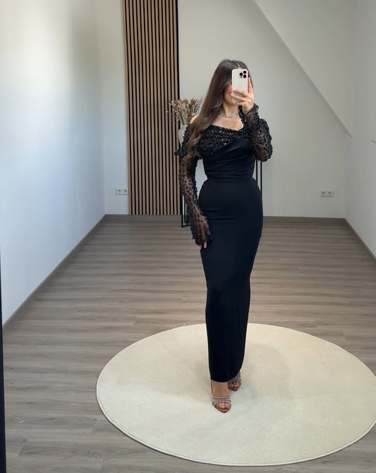 Long Sleeves Off-Shoulder Ruched Evening Dress