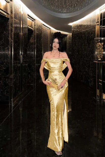 Champagne Solid Sequins Split Prom Dress