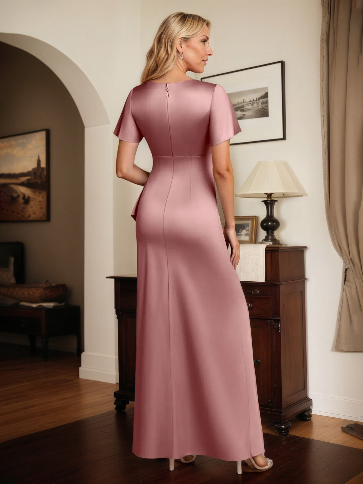 Sheath Satin V Neck Short Sleeves Floor Length Dress