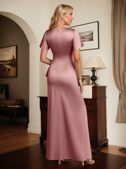 Sheath Satin V Neck Short Sleeves Floor Length Dress
