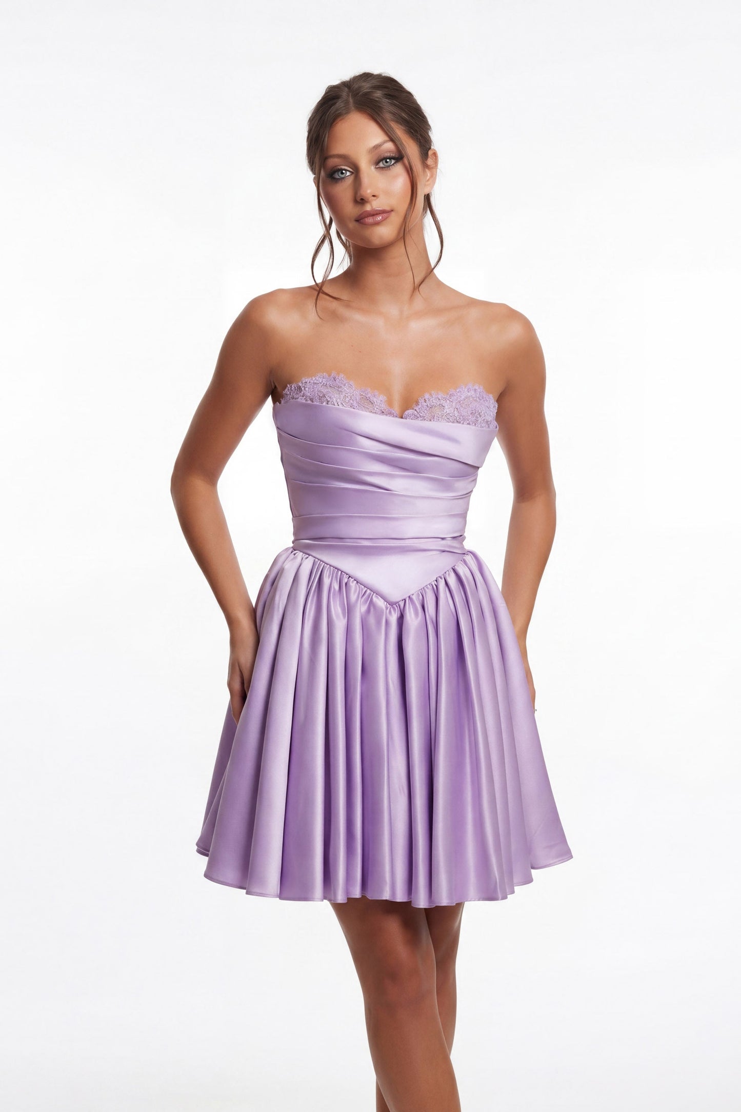 Strapless Sweetheart Beaded Ruched Satin A-Line Mini Dress
