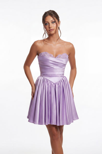 Strapless Sweetheart Beaded Ruched Satin A-Line Mini Dress