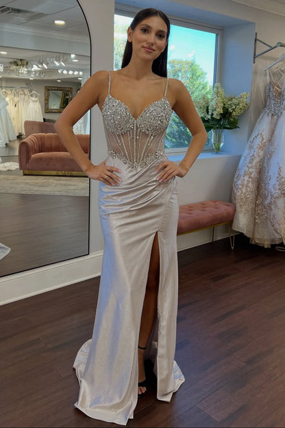 Mermaid V Neck Spaghetti Straps Silver Satin Corset Long Prom Dresses with Slit