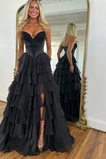 Black A-Line Strapless Chiffon Tiered Prom Dress