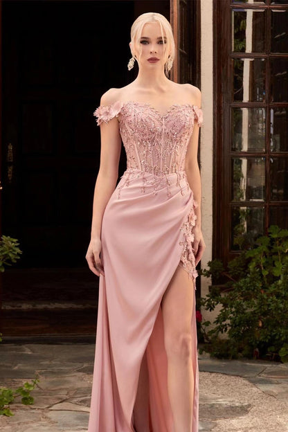 Pink Off-the-Shoulder Applique Mermaid Prom Dress Split Beadings