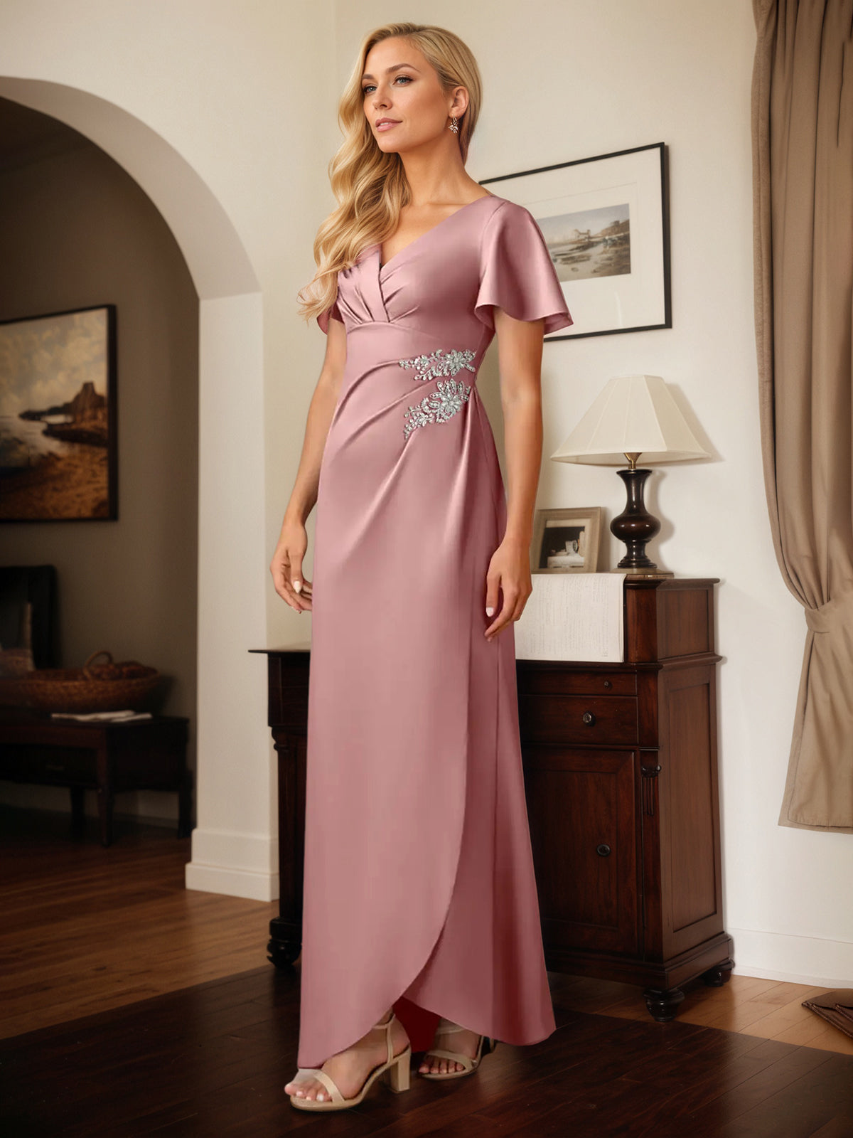 Sheath Satin V Neck Short Sleeves Floor Length Dress