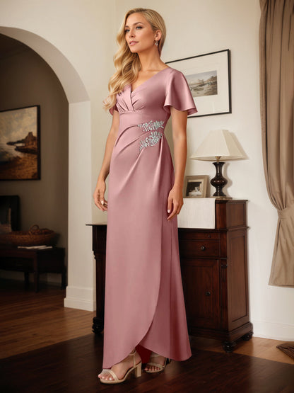 Sheath Satin V Neck Short Sleeves Floor Length Dress