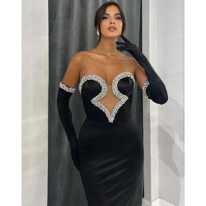 Sheath Strapless Beaded Satin Pleats Long Sleeves Prom Dress