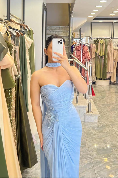 Strapless Sleeveless Long Mermaid Prom Dress With Pleated Appliques