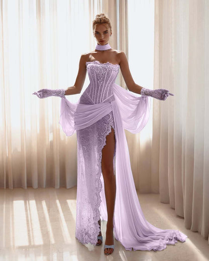 Refined Blue Strapless Prom Dress Pleated Lace with Rhinestone Split