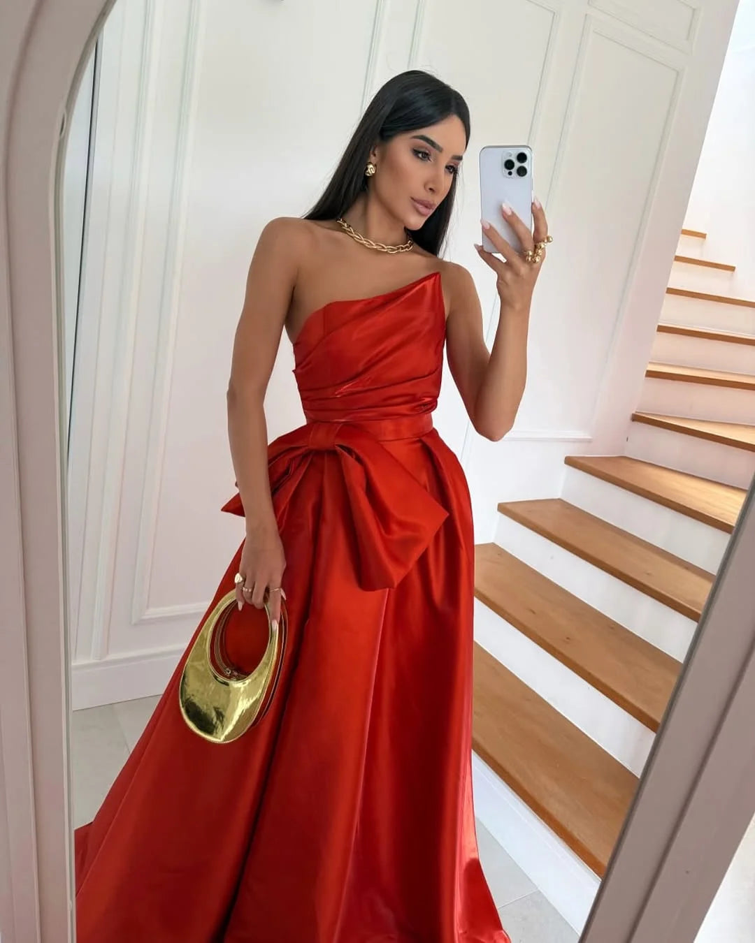 Dark Orange Asymmetric Neckline A-Line Prom Dress With Bow ZT0764