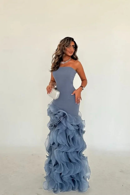 Dusty Blue Strapless Mesh Ruffles Sheath Prom Dress